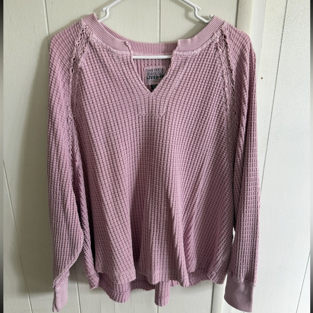 AERIE LIGHT PURPLE WAFFLE KNIT V NECK OVERSIZED LONG SLEEVE LIVED IN PULLOVER XS
